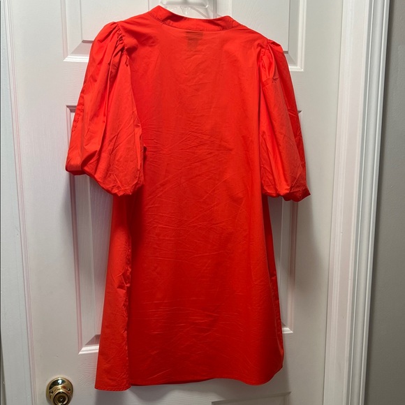LOFT Bright Orange/Red Dress with Puff Sleeves - Picture 4 of 4